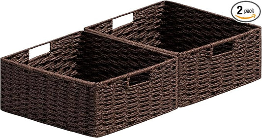 joybest Wicker Baskets, Woven Paper Rope Storage Baskets for Organizing, Foldable Rectangular Storage Organizer Bins for Shelves with Built-in Handles 13L x 10W x 5H inch, 2-pack Dark Brown