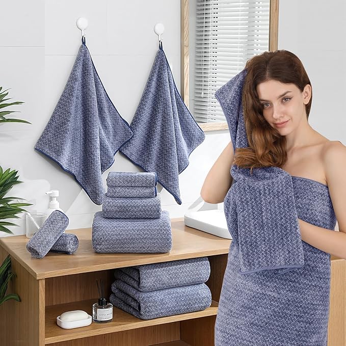 18 Piece Bath Towels Set,100% Microfiber Family Bathroom Towel with Hanging Loops-6 Bath Towels,6 Hand Towels,6 Washcloths,Quick Dry Highly Absorbent Shower Towel for Bathroom,Hotel,Spa-Navy