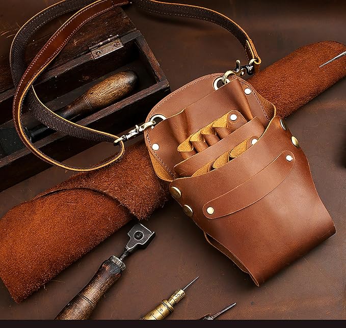 Scissor Pouch Belt, Cowhide Leather Salon Barber Hairdressing Scissor Holster Hair Stylist Shears Holder Tools Waist Bag with Adjustable Strap for Combs, Hair Clips