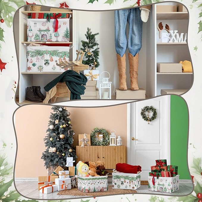 4 Pack Christmas Storage Bin Collapsible Large Christmas Storage Baskets for Gifts Xmas Tree Canvas Laundry Basket Foldable Box with Handle for Office Home Bedroom Clothes Toys Holiday Decor
