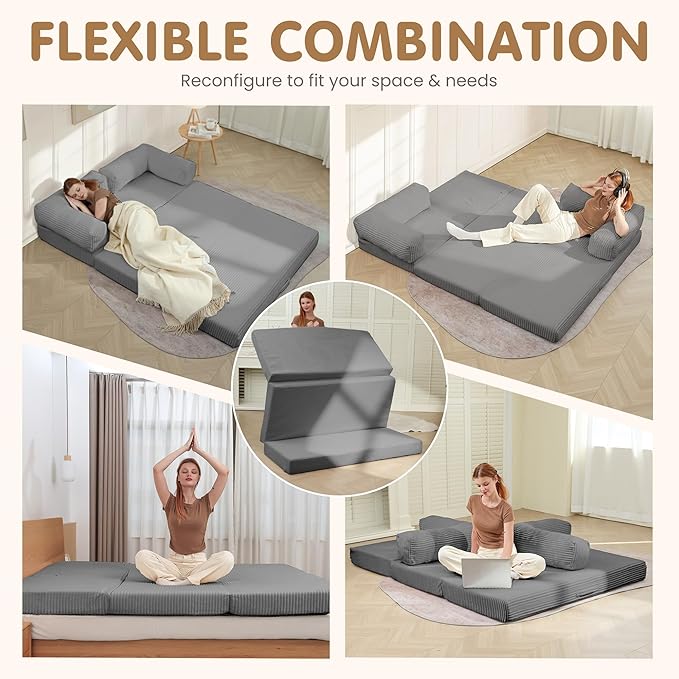 Convertible Sofa Bed King,5-in-1 Folding Boneless Couch Corduroy Futon Sofa Bed,Tri-Fold Mattress with Removable Armrests & Handle,Sleeper with Pull Out Bed for Small Space Living Room Bedroom