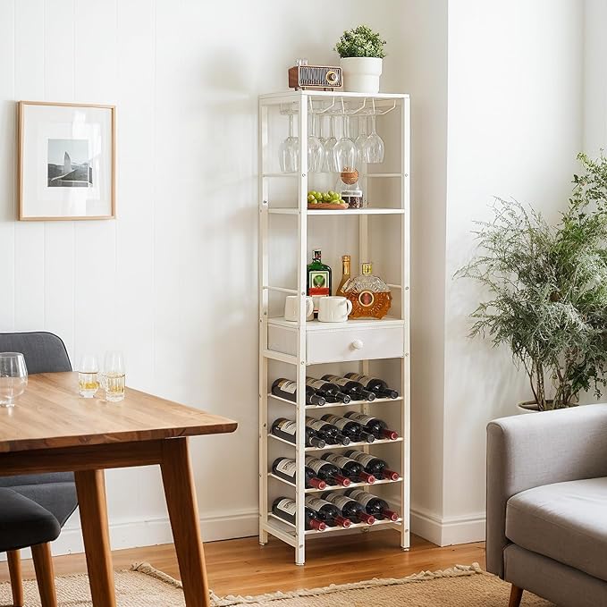 IBUYKE Wine Rack Freestanding Floor, Bar Cabinet for Liquor and Glasses,Coffee Bar Cabinet 4-Tier Wood bar Cabinet,Glass Holder and Storage Drawer for Home Bar Kitchen Living Room,White UTMJ905W