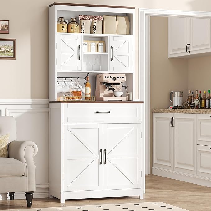 Semoic 69.3" Tall Kitchen Pantry Cabinet, Farmhouse Large Storage Cabinet with 2 Barn Doors, 1 Drawer and Storage Shelves, Buffet Cupboard Kitchen Hutch with Wide Countertop and Charge Holes, White