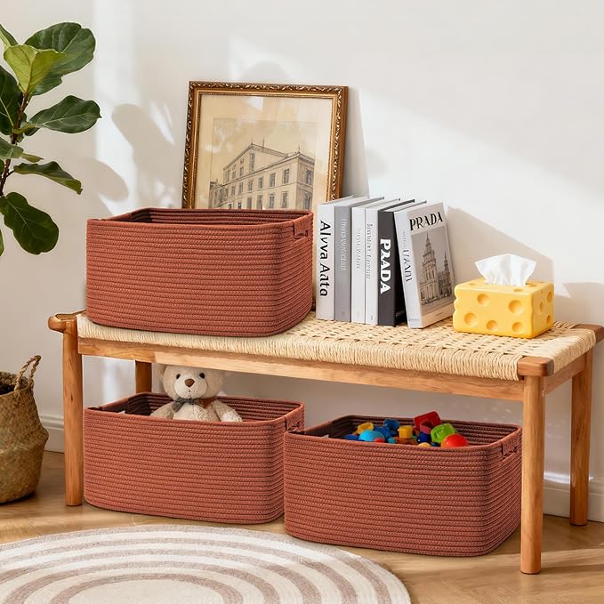 2 Pack Large Storage Basket for Organizing, 17.5"x13"x7" Woven Basket for Shelves, Closet Cube Storage Bins with Wrapped Handle, Cotton Rope Baskets for Kitchen, Clothes, Toys(Oxide Red)