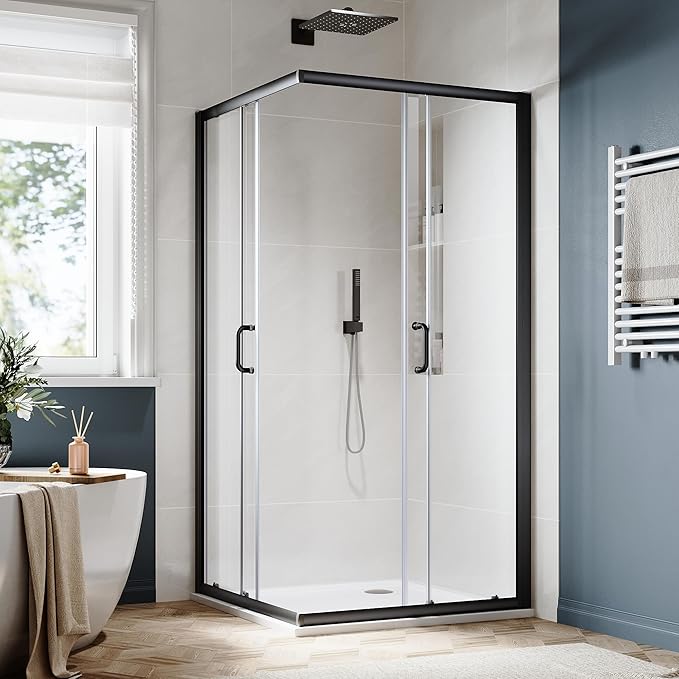 SUNNY SHOWER Corner Shower Door 34 in.D x 34 in. W x 72 in. H Opening Sliding Shower Enclosure 1/4 inch inch Tempered Glass Framed Sliding Shower Stalls in Black Double Sliding Shower Door