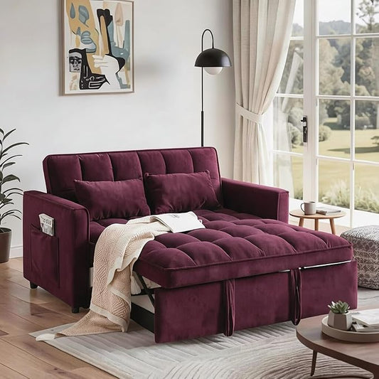 3 in 1 Convertible Sofa Bed, Love Seat Sleeper Bed with Side Pockets, Velvet Fabric Pull Out Couch with Adjustable Backrest for Living Room, Bedroom, Apartment, Purplish-Red