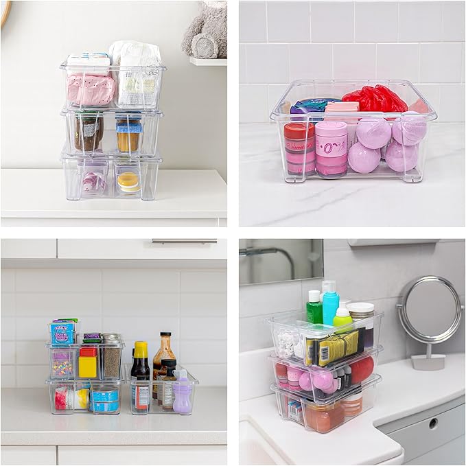 Best Kept Clear Plastic Storage Bins, Stackable Open Square Organizers for Home, Vanity, Cosmetics & Makeup Display, 3-Pack (No Lids)