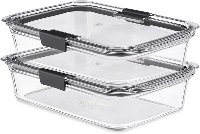 Rubbermaid 2118315 Brilliance Glass Storage 8-Cup Food Containers with Lids, 2-Pack (4 Pieces Total), Large, Clear & Brilliance Food Storage Container, Large, 9.6 Cup, Clear 1991158