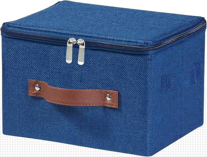Storage Bins with Zipper Lid Foldable Fabric Lidded Storage Boxes Baskets Cubes Washable Collapsible PU Leather Handle Cotton Linen Shelves Closet Organizer Container(Dark Blue, Small Size)