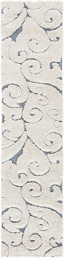 SAFAVIEH Florida Shag Collection Runner Rug - 2'3" x 9', Beige & Blue Grey, Scroll Design, Non-Shedding & Easy to Clean, High-Low Plush Pile, Ideal for Bedroom, Foyer, Hallway (SG455-1155)