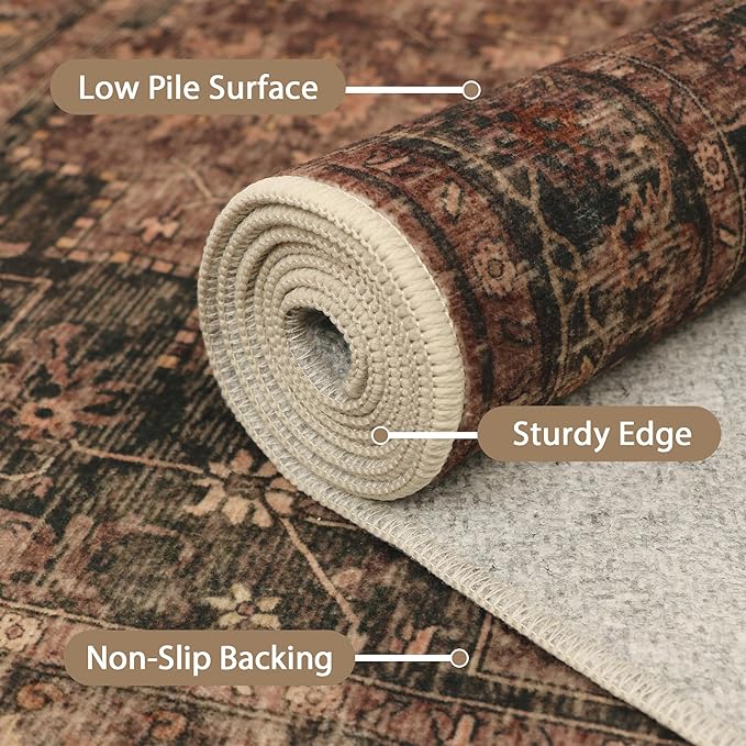 GENIMO 5FT Round Area Rugs for Living Room, Circle Rugs Machine Washable Low Pile, Chenille Non Slip Vintage Rug for Bedroom, Dining Room, Home Office, Charcoal Brown