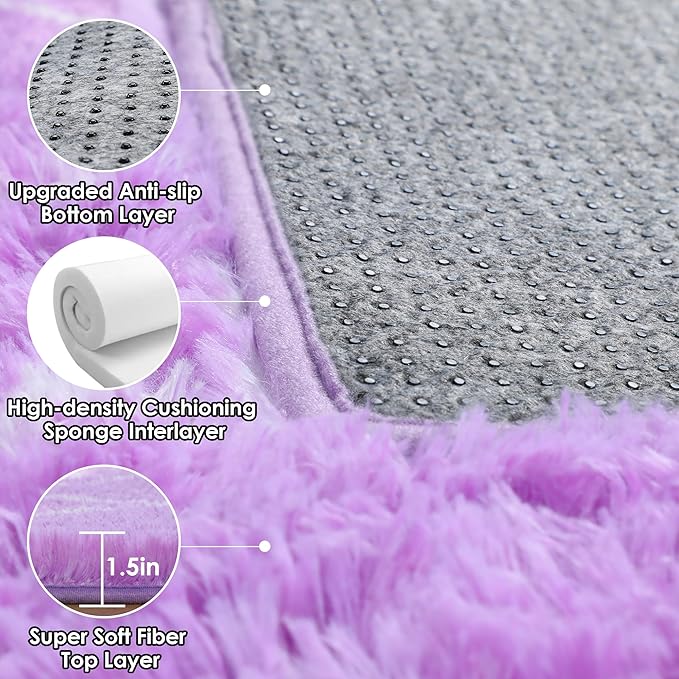 ONASAR Area Rugs for Bedroom Living Room, 4x6 Fluffy Purple and White Throw Rug, Boho Geometric Soft Shaggy Fuzzy Plush Indoor Floor Carpet for Kids Teen Nursery Dorm Home Decor Aesthetic