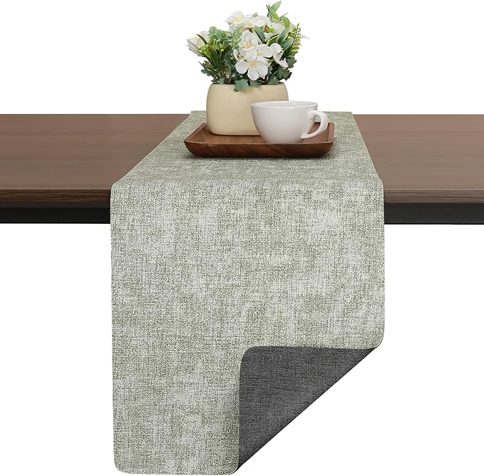 Table Runners 55 Inches Long, Dual-Sided Faux Leather Farmhouse Table Runner Waterproof Non-Slip for Living Room Party Home Decor Holiday Decorations(Gray Grass Green, 15 x 55 Inch)
