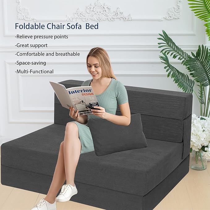 Sofa Bed Foldable Mattress ，Folding Sleeper Sofa Chair Bed Floor Mattress with Pillow for Living Room Home Office (Dark Gray -Corduroy, Twin XL)