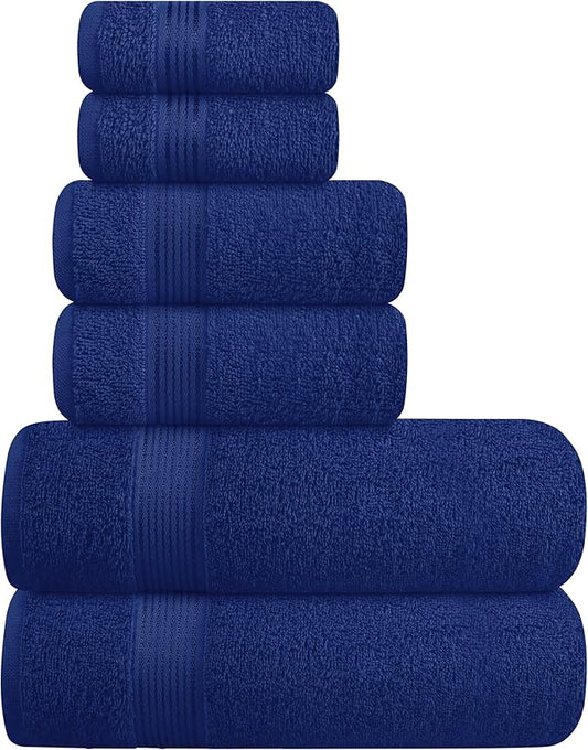Elvana Home Ultra Soft 6 Pack Cotton Towel Set, Contains 2 Bath Towels 28x55 inch, 2 Hand Towels 16x24 inch & 2 Wash Coths 12x12 inch, Ideal Everyday use, Compact & Lightweight - Navy Blue