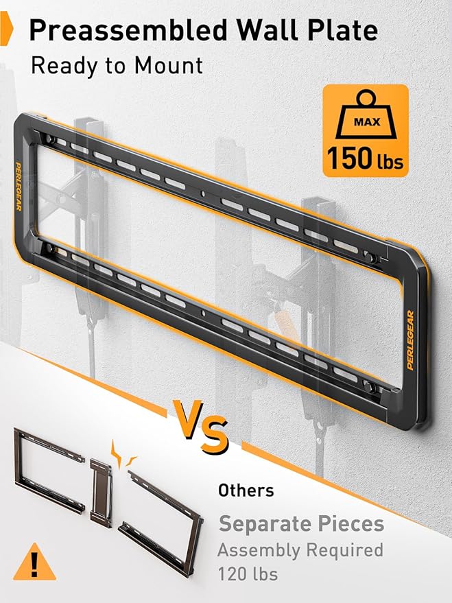 Perlegear Advanced Tilt TV Wall Mount, Pre-Assembled Tv Mount for Most 42-90 inch TVs up to 150 lbs, 6-inch Arm Extension, 15° Full Tilt, Fits 24″/16″ Wood Studs, Max VESA 600x400mm