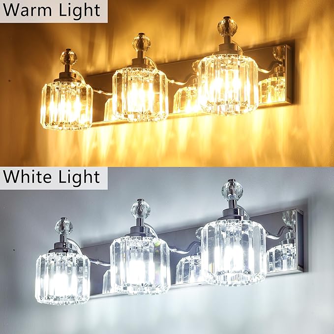 3-Light Bathroom Vanity Light - Crystal Bathroom Lighting Fixtures Over Mirror with 60w(Max) E12 Base, 42pcs Crystal Sheet, Chrome Vanity Lights for Bath Room
