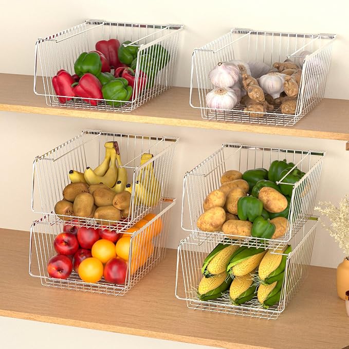 Wire Storage Baskets Stackable Refrigerator Organizer Bins Sturdy Metal Wire Bin Baskets Organization Baskets for Storage with Handles for Kitchen, Closets, Bathroom, Cabinets -Set of 3