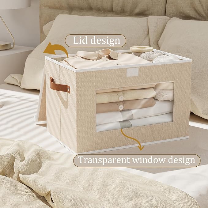 Foldable Storage Boxes with Lids, Linen Closet Organizers,10.2 x 7.8 x 6.7 Inch Storage Bins for Shelves with Handles, Beige, 3-Pack