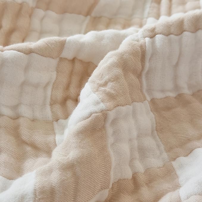 Ultra Soft Cozy 6-Layer Muslin 100% Cotton Checkered King Size 90"x104" Bed Blanket Breathable Lightweight Checkboard Bed Blankets Decorative for Sofa Bed All Seasons Both Sides Cream