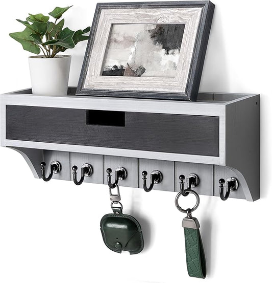 Rebee Vision Modern Pine Wood Key Holder Wall Mount with Drawer Organizer - Stylish Mail Organizer with 6 Key Hooks & Wall Shelf - Modern Apartment Essentials for Room Decor (Gray & Black)