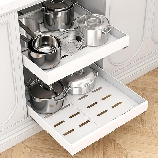 2 Pack Expandable Pull Out Cabinet Organizer, 16" Deep Expandable (12.6" - 20.5") 3 Heavy Duty Slide Drawers Pull Out Drawers for Kitchen Storage Cabinet (White)