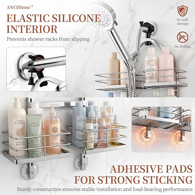 Adjustable Hanging Shower Caddy for Handheld Showerhead, 4-Tier Rustproof Shower Rack Baskets, Anti-Swing Hanging Shower Organizer for Bathroom Storage with 2 S-Hooks, Large Capacity, Silver
