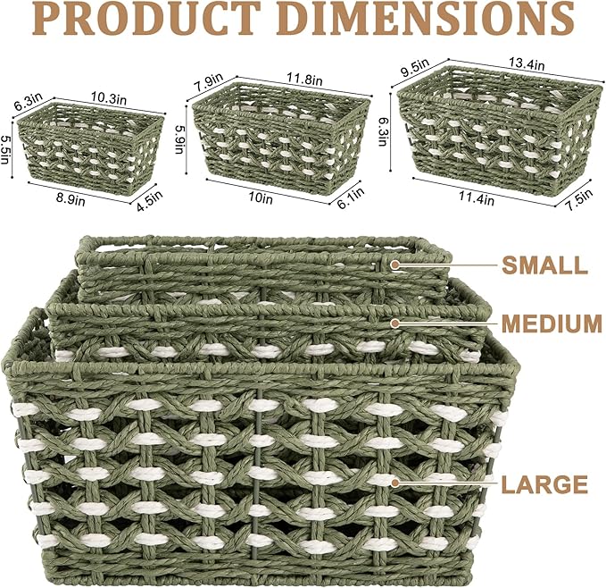 OIAHOMY Wicker Storage Baskets, Paper Rope Shelf Bins, Decortive Baskets for Organizing, Set of 3-Green & White