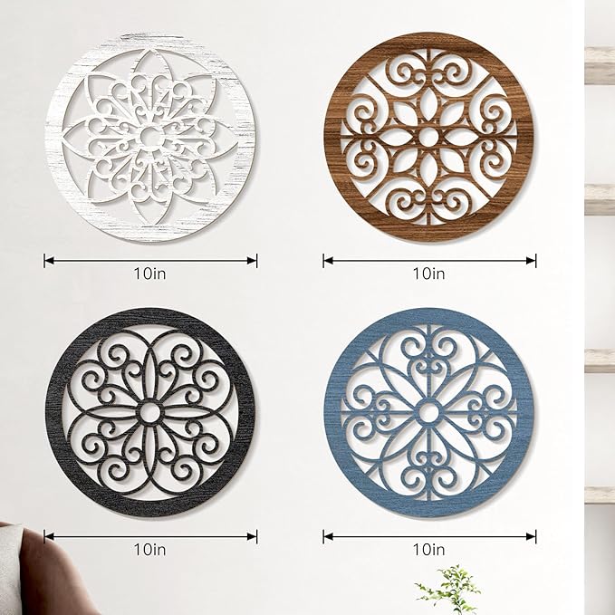 Zzbakress 4 Pieces Farmhouse Wall Decor Rustic Circle Wall Decor Wooden Hollow Carved Round Wall Art for Living Room Bedroom Kitchen Bathroom Home Wall Decoration (Elegant, Colorful)