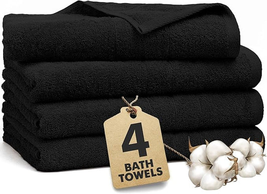 Bath Towels Set of 4 – 100% Cotton Black Extra Large Towels for Bathroom, Spa Use (55x28 in) – Super Soft and Quick Dry Large Bath Sheets for Adults