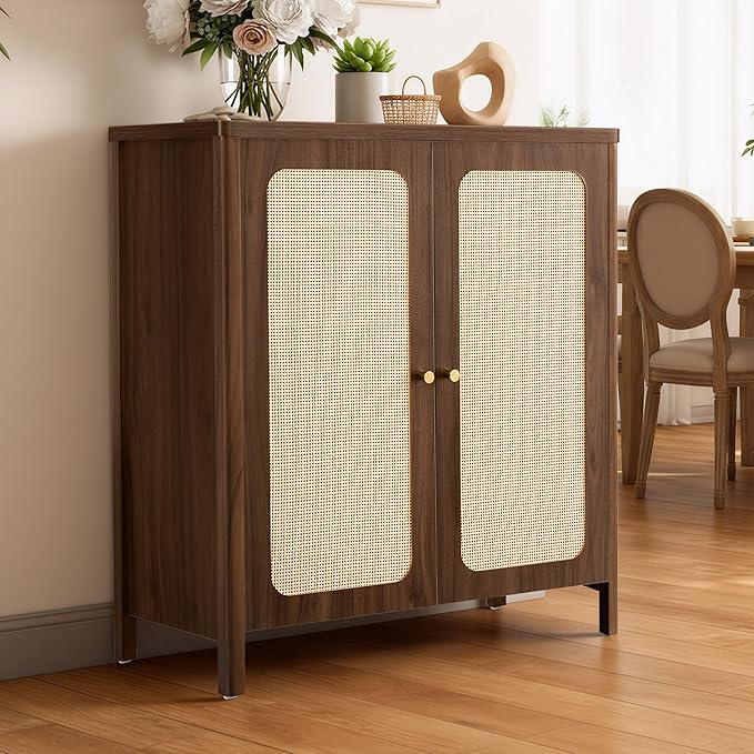 Rattan Sideboard Buffet Cabinet 2 Door Boho Kitchen Storage Cabinet Accent Console for Living Room, Hallway, Kitchen, Sideboard, Buffet Table Walnut