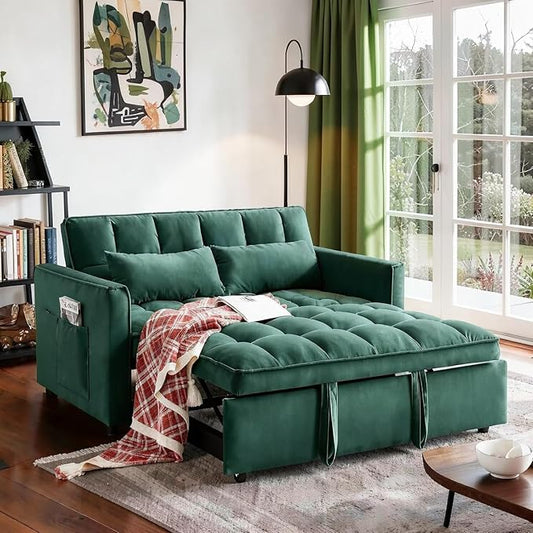 Convertible Sofa Bed, Pull Out Couch with Side Pockets, 3 in 1 Velvet Fabric Loveseat Sleeper Sofa Bed, Pull Out Couch with Adjustable Backrest for Living Room, Bedroom, Apartment, Green