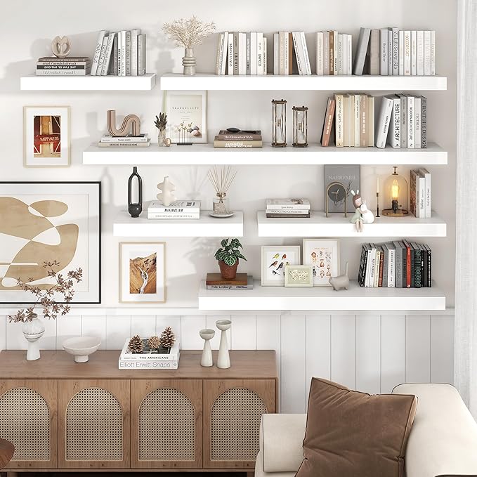 Floating Shelves for Wall, 36 Inch Wide x 12 Inch Deep Floating Shelves, Long Wood Floating Wall Shelf Shelves for Living Room Bathroom Bedroom Kitchen Home - (White, 36" W x 12" D x 2" H)