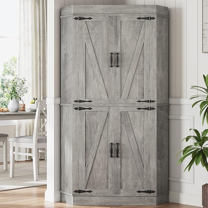 Corner Cabinet,71'' Kitchen Pantry Storage Cabinet with 4 Doors and Shelves, Tall Food Pantry Storage Cabinet Farmhouse Furniture for Kitchen Dining Room, Grey