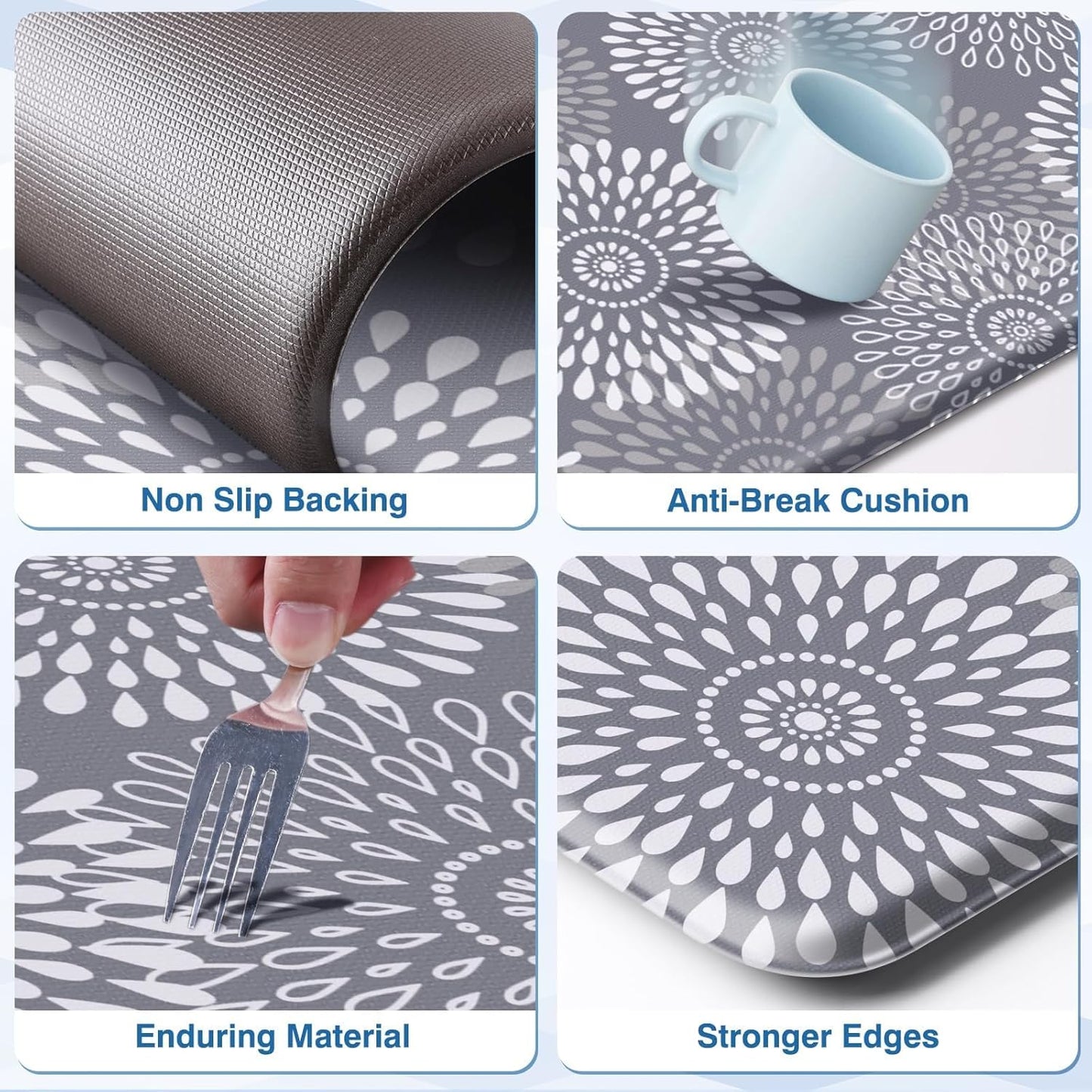 Anti-Fatigue Kitchen Mat Set of 2 – Cushioned Non-Slip Floor Rugs in Grey