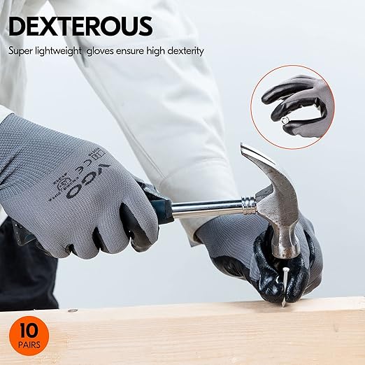 Vgo... 10-Pairs Safety Work Gloves, Gardening Gloves, Non-slip Nitrile coating, Dipping Gloves (Size S, Gray, NT2110)