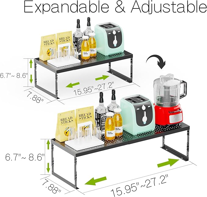 Adjustable Stackable Metal Storage Shelf Organizer - Expandable Wire Rack with Perforations for Kitchen, Pantry, Bathroom, Cabinet & Office-Compact, Durable & Sturdy (3PACKS/Medium/Black)