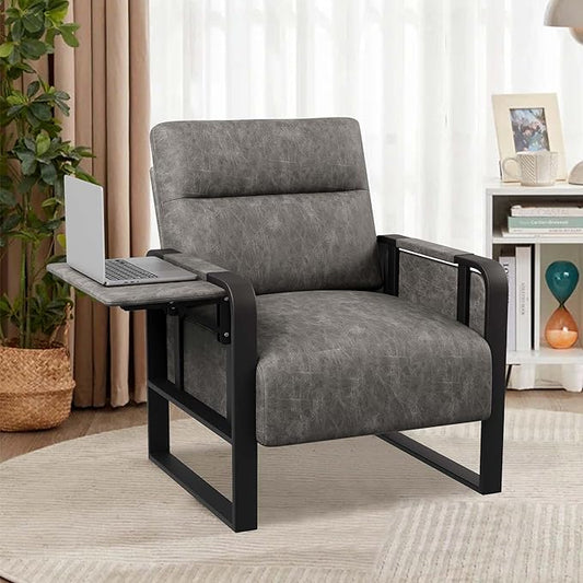 Modern Accent Chair with Tray Table PU Leather Upholstered Armchair for Bedroom Leisure Living Room Chairs Office Chair Grey
