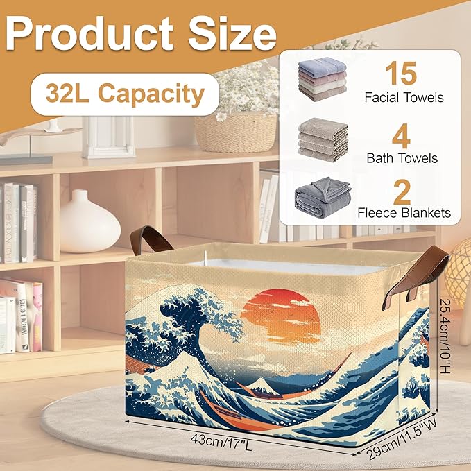 Decorative 32L Japanese Waves Storage Bins with Handles, Organization and Storage, Cube Storage Organizer for Hamper, Nursery