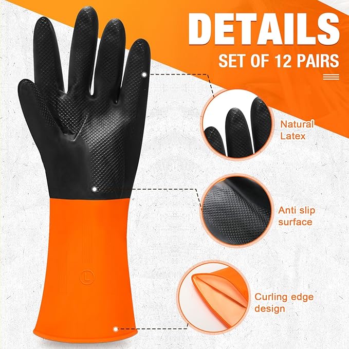 12 Pairs Chemical Resistant Latex Gloves Reusable Heavy Duty Rubber Industrial Gloves, Resist Acid, Oil, Alkali