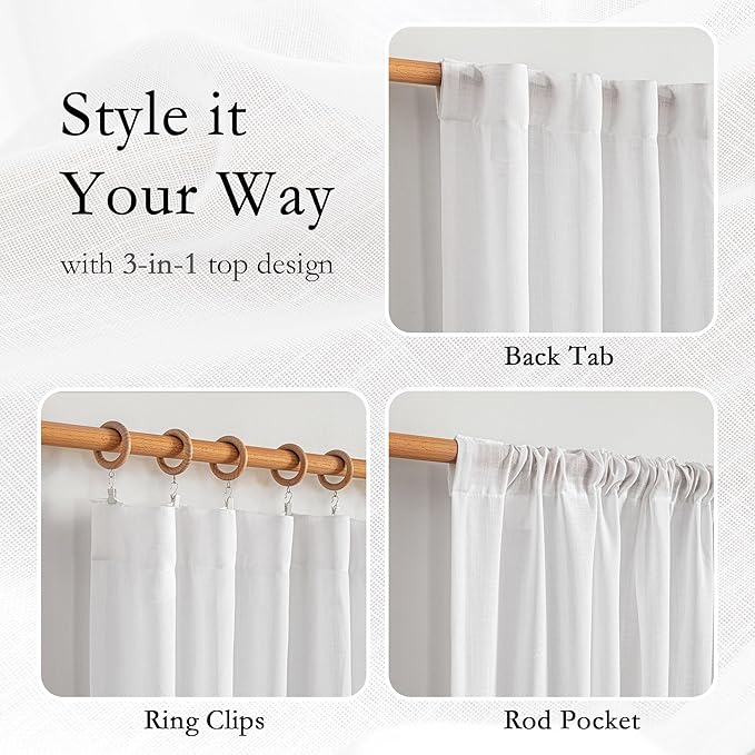 MYSKY HOME White Curtains 95 Inches Long for Sliding Glass Door Semi Sheer Drapes Light Filtering Window Treatments Soft Cotton Blend Panels Linen Look Farmhouse Style, 50" x 95", 2 Panels