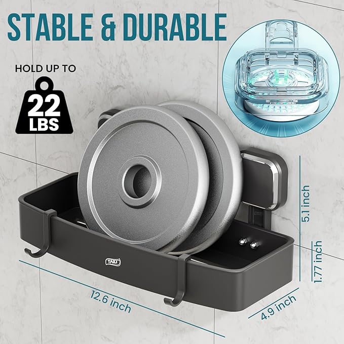 TAILI Shower Caddy Suction Cup, Heavy Duty Shower Organizer for Bathroom, Removable Shelves for Inside Shower, Wall Mounted Aluminum Storage for Bathroom Holder, Dark Gray