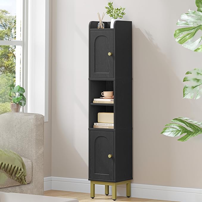 Slim Bathroom Storage Cabinet, Narrow Bathroom Organizers and Storage with 4 Adjustable Feet, Laundry Room Organization for Small Space, Kitchen, Living Room, 2 Doors Black BC22404G