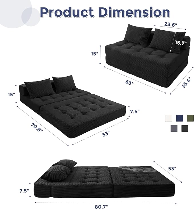 MAXYOYO Folding Sofa Couch, Convertible Floor Sleeper Couch with 2 Pillows, Tufted Floor Loveseat Couch Tufted Fold Out Chair Bed Comfy Sofa Lounge for Living Room Bedroom, Black
