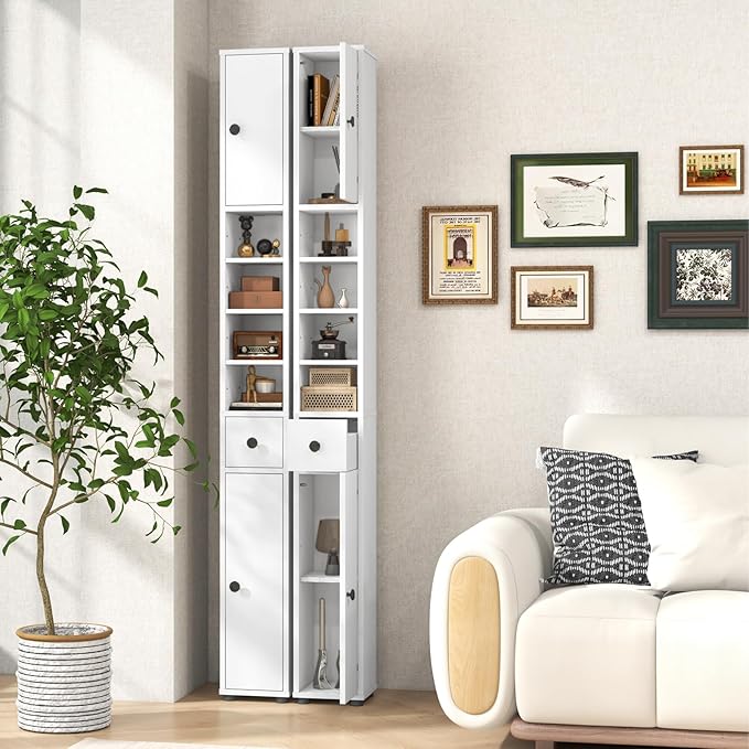 Giantex Slim Bathroom Storage Cabinet - 71” Tall Narrow Floor Cabinet Cupboard with 2 Doors, 5 Adjustable Shelves, 1 Drawer, Anti-Tipping Device, Thin Linen Tower Cabinet for Living Room (2, White)