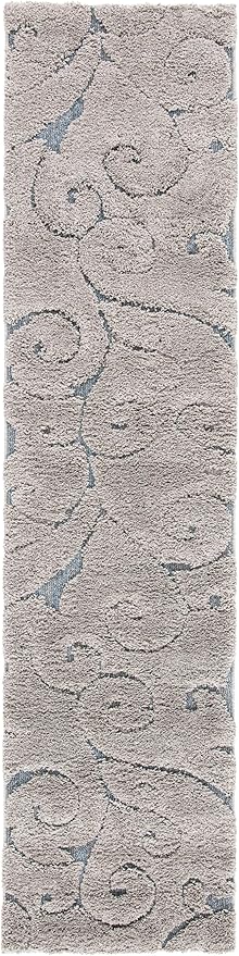 SAFAVIEH Florida Shag Collection Runner Rug - 2'3" x 9', Grey & Light Blue, Scroll Design, Non-Shedding & Easy to Clean, High-Low Plush Pile, Ideal for Bedroom, Foyer, Hallway (SG455-1160)