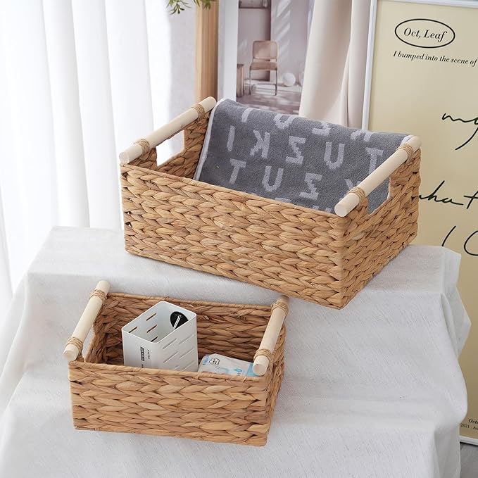 3-Pack Woven Storage Baskets Set, Small Medium Large Wicker Baskets for Shelves Organization, Rectangular Natural Weave Baskets for Kitchen, Bathroom, Living Room Decor, Home Storage Solutions