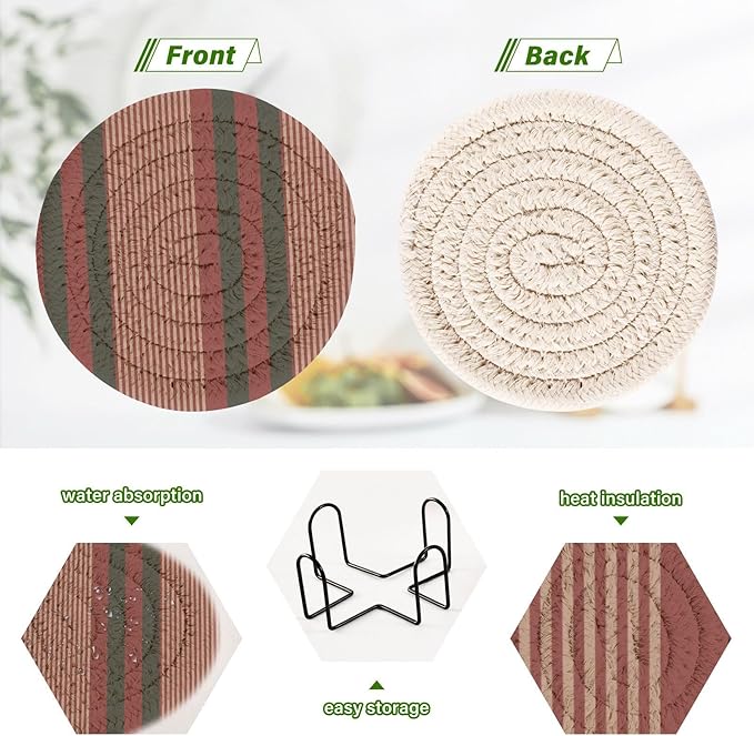 Minimalist Home Decor for Coffee Table, Kitchen, Drink Coasters, Christmas Striped Handmade Cotton Absorbent Coaster Set of 6, Housewarming and Wedding Registry Ideas