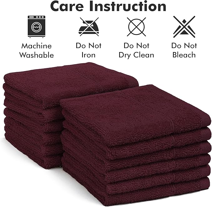 Face Towels Pack of 12 – 100% Cotton Wash Cloths (12x12 inch) – Soft, Quick Dry & Highly Absorbent Hand Towels for Bathroom, Spa, Gym, Kitchen and for Daily Use - (Burgundy)