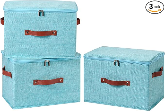 3PCS Storage Bins Boxes with Zippered Lids Cotton Linen Fabric Decorative Basket PU Leather Handles PP Plastic Board Foldable Lidded Clothing Shelf Closet Organizer Container (Blue, Large)